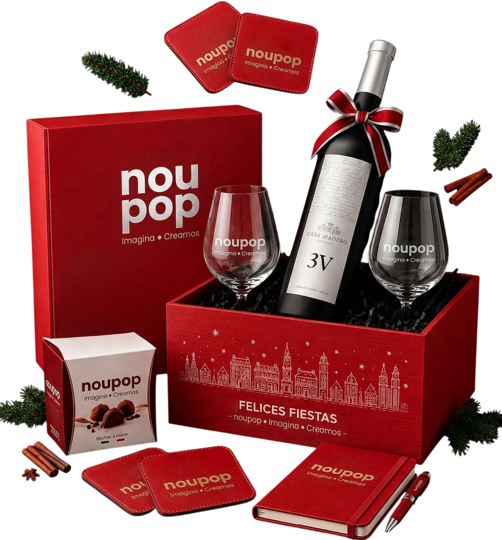 Set de regalos corporativos elegantes para fin de año personalizados con logotipo empresarial.