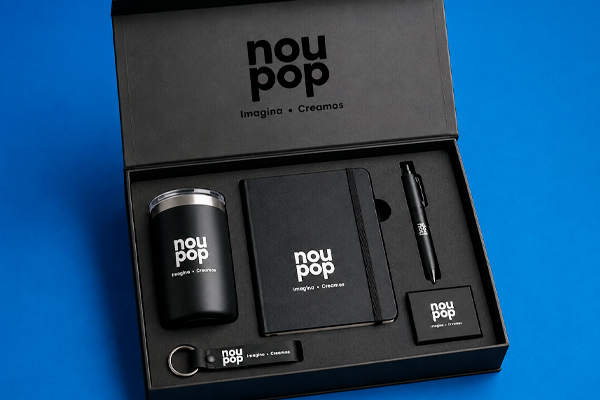 Kit de bienvenida corporativo premium que incluye termo, libreta y empaque rígido para nuevos colaboradores.